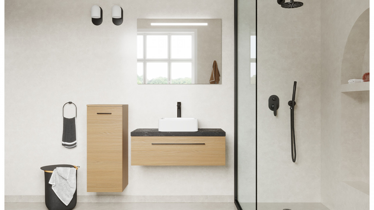 Meuble de salle de bain suspendu vasque à poser 90cm 1 tiroir Chêne clair + miroir - Osmose