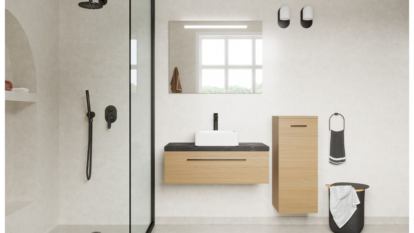 Meuble de salle de bain suspendu vasque à poser 90cm 1 tiroir Chêne clair + miroir + colonne ouverture droite - Osmose