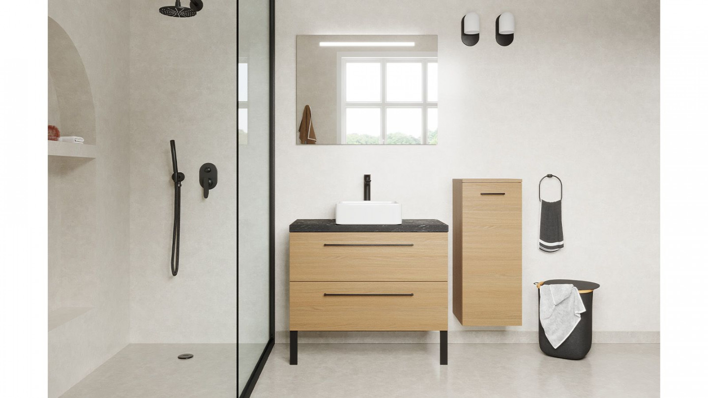 Meuble de salle de bain suspendu vasque à poser 90cm 2 tiroirs Chêne clair + miroir + colonne ouverture droite - Osmose