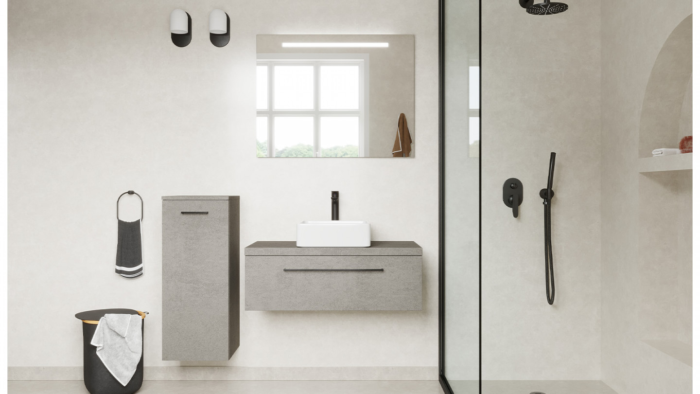 Meuble de salle de bain suspendu vasque à poser 90cm 1 tiroir façon Béton + miroir - Osmose