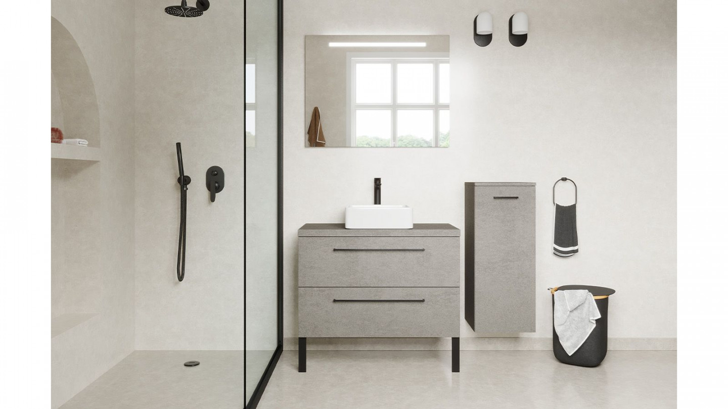 Meuble de salle de bain suspendu vasque à poser 90cm 2 tiroirs façon Béton + miroir + colonne ouverture droite - Osmose