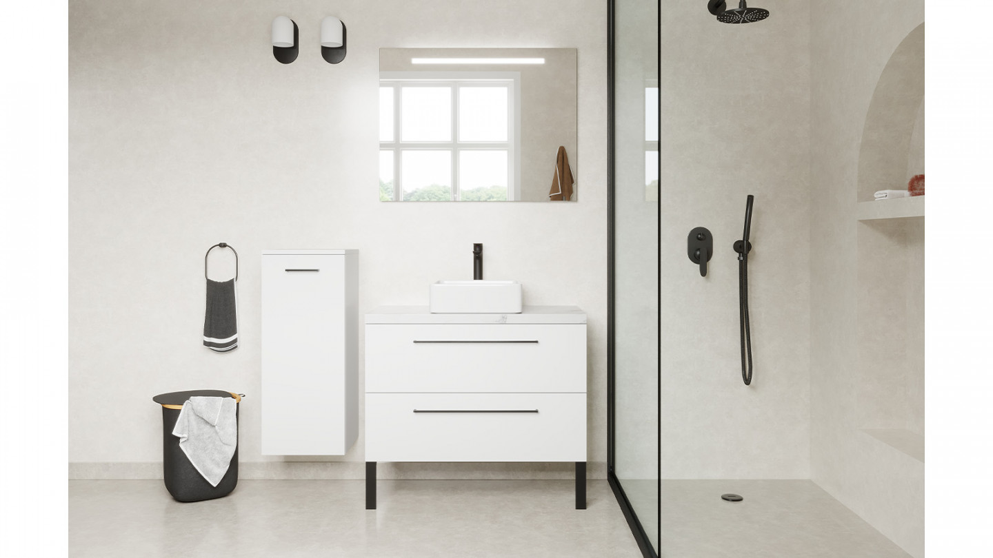 Meuble de salle de bain suspendu vasque à poser 90cm 2 tiroirs Blanc + miroir - Osmose