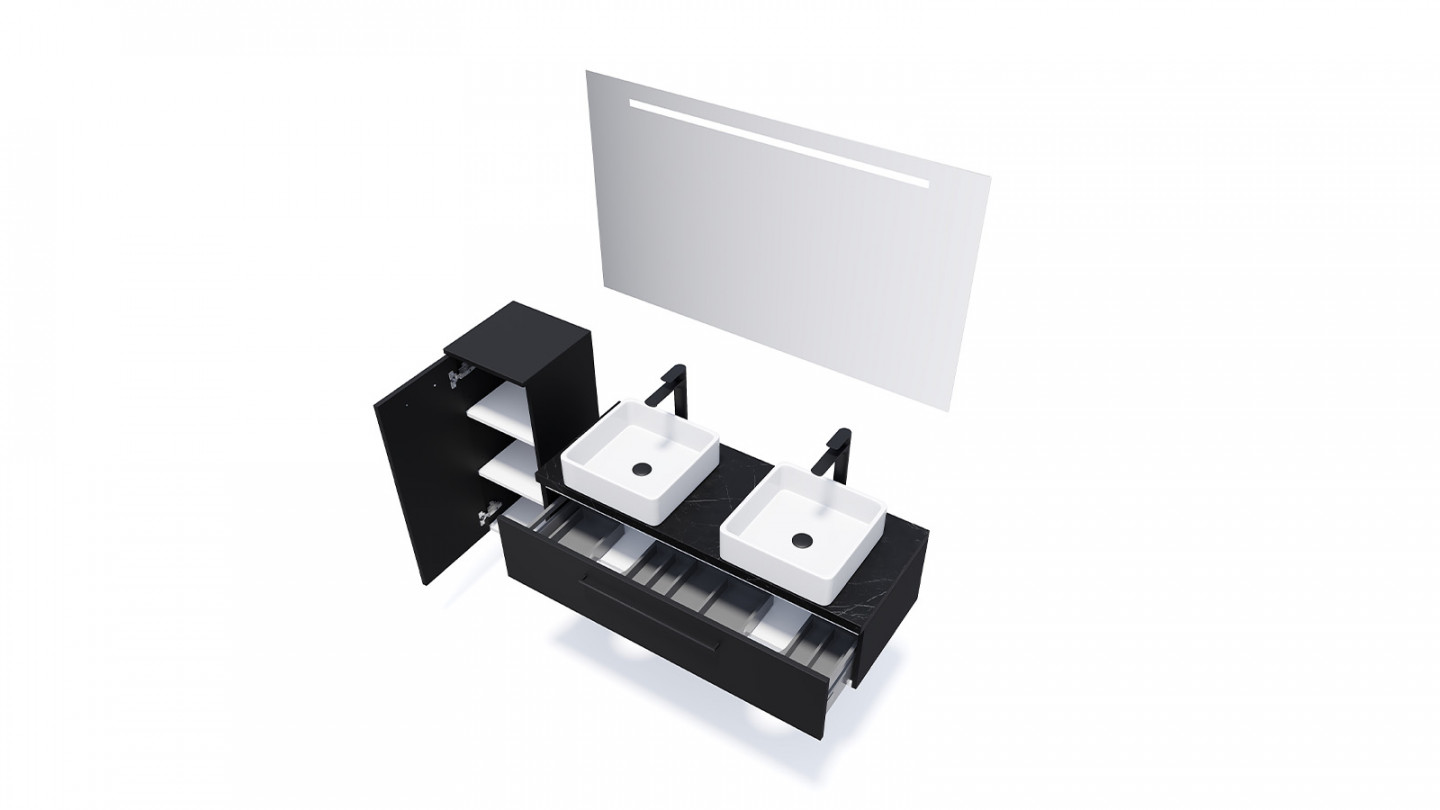 Meuble de salle de bain suspendu 2 vasques à poser 120cm 1 tiroir Noir + miroir - Osmose