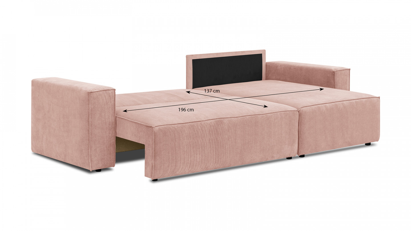 Canapé d'angle convertible réversible 4 places avec coffre de rangement en velours fines côtes rose pâle - Livia New
