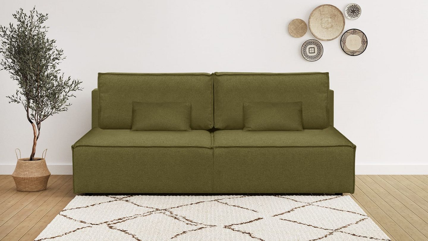 Canapé convertible 3 places avec coffre de rangement en tissu vert olive - Milla New