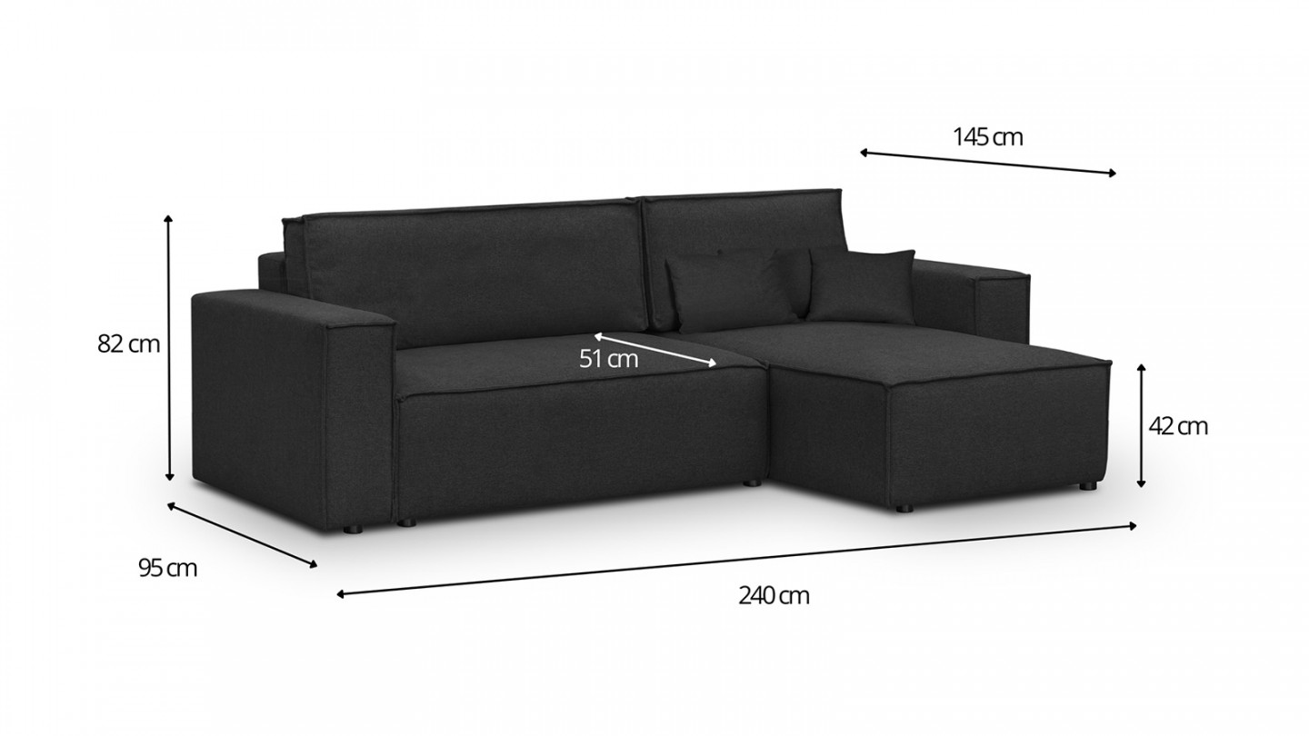 Canapé d'angle convertible réversible 4 places avec coffre de rangement en tissu noir - Livia New