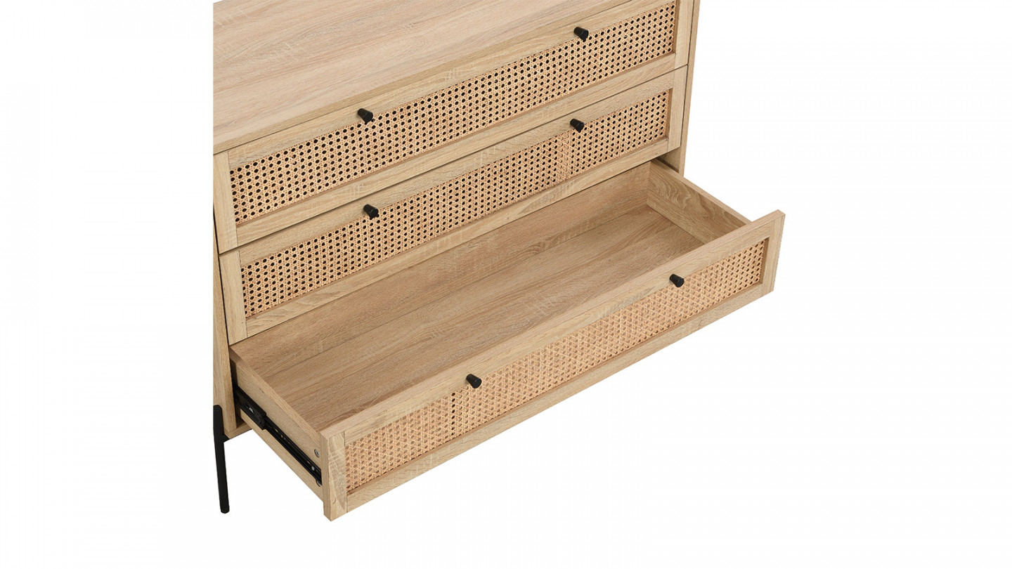 Commode 3 tiroirs en cannage naturel et effet chêne 105 cm - Iris