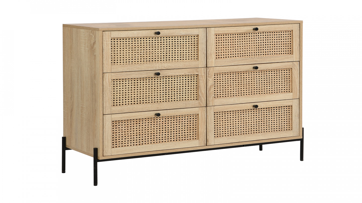 Commode 6 tiroirs en cannage naturel et effet chêne 120 cm - Iris