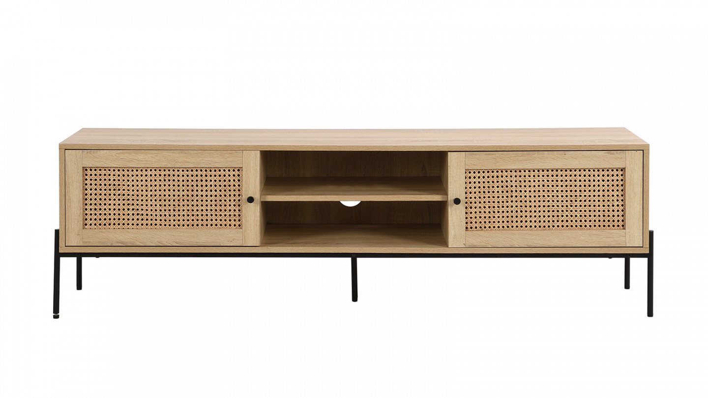Meuble TV 2 portes en cannage naturel et effet chêne 160 cm - Iris Meuble TV 2 portes en cannage naturel et effet chêne 160 cm - Iris