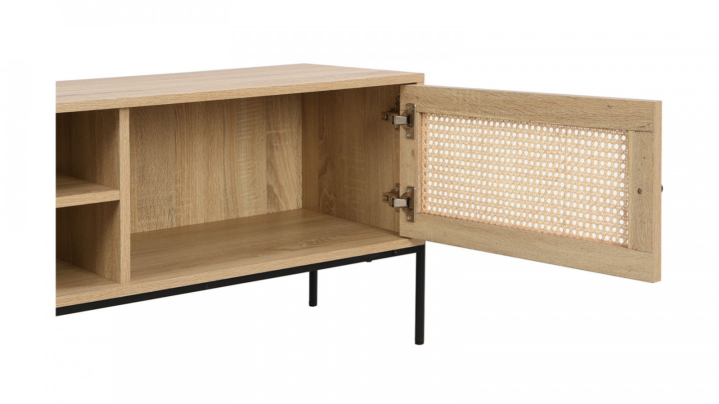 Meuble TV 2 portes en cannage naturel et effet chêne 160 cm - Iris Meuble TV 2 portes en cannage naturel et effet chêne 160 cm - Iris