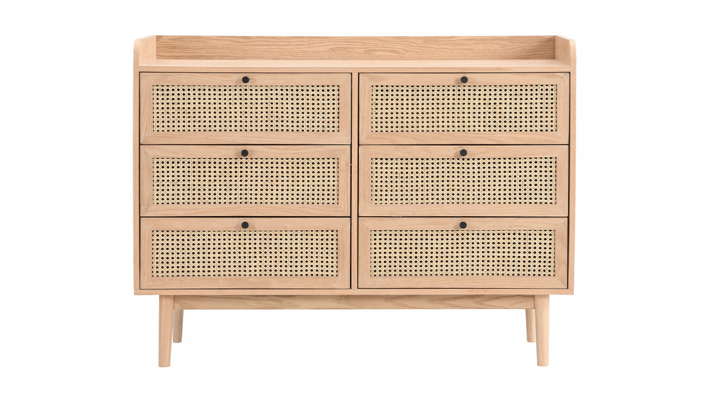 Commode 6 tiroirs en cannage naturel et placage chêne 120 cm - Eden