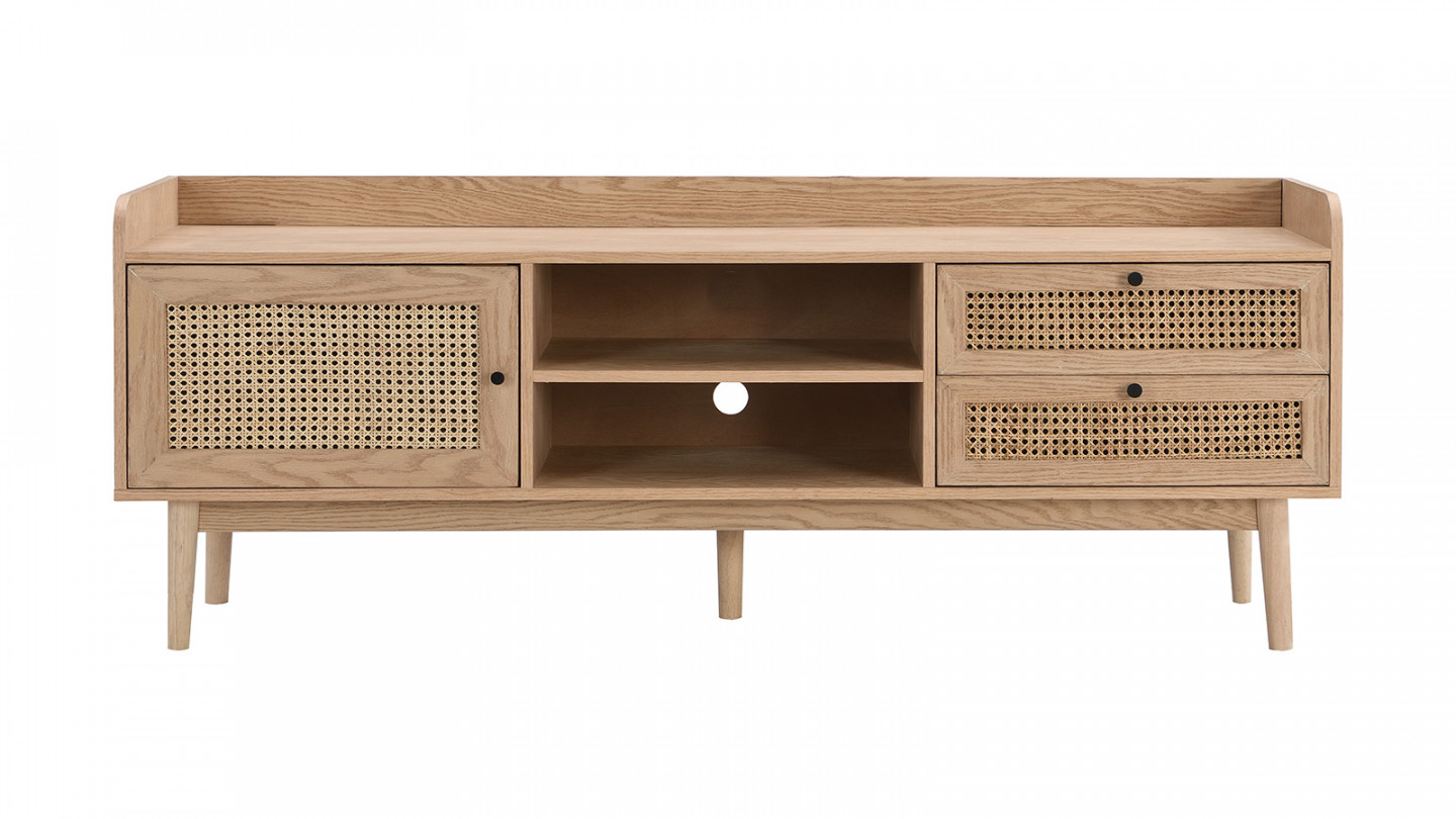 Meuble TV 1 porte 2 tiroirs en cannage naturel et placage chêne 160 cm - Eden