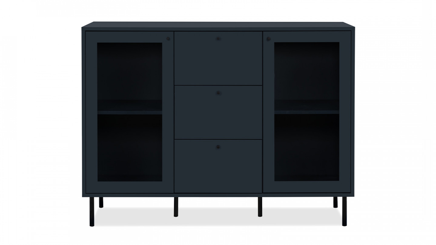 Buffet 2 portes vitrées 3 tiroirs bleu nuit 120 cm - Agata