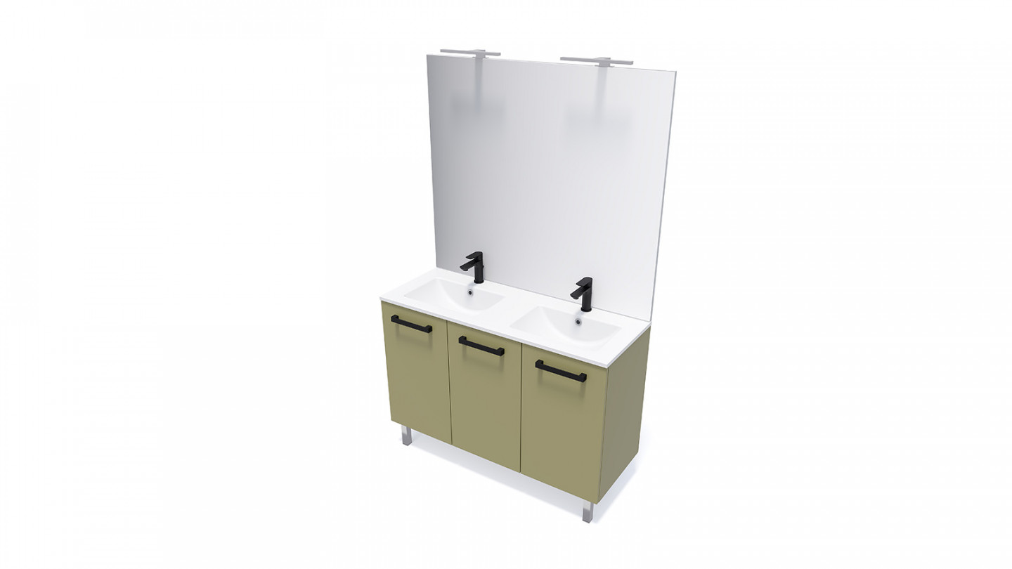 Meuble de salle de bain suspendu avec pieds double vasque intégrée 120cm 3 portes Vert olive - Chango