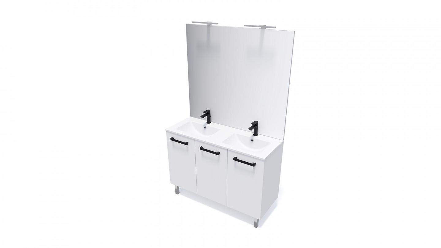 Meuble de salle de bain suspendu avec pieds double vasque intégrée 120cm 3 portes Blanc + miroir - Chango