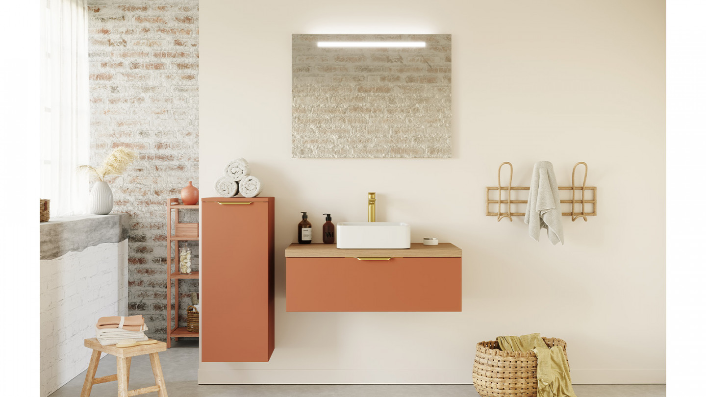 Meuble de salle de bain suspendu vasque à poser 90cm 1 tiroir Terracotta + miroir + colonne ouverture gauche - Swing