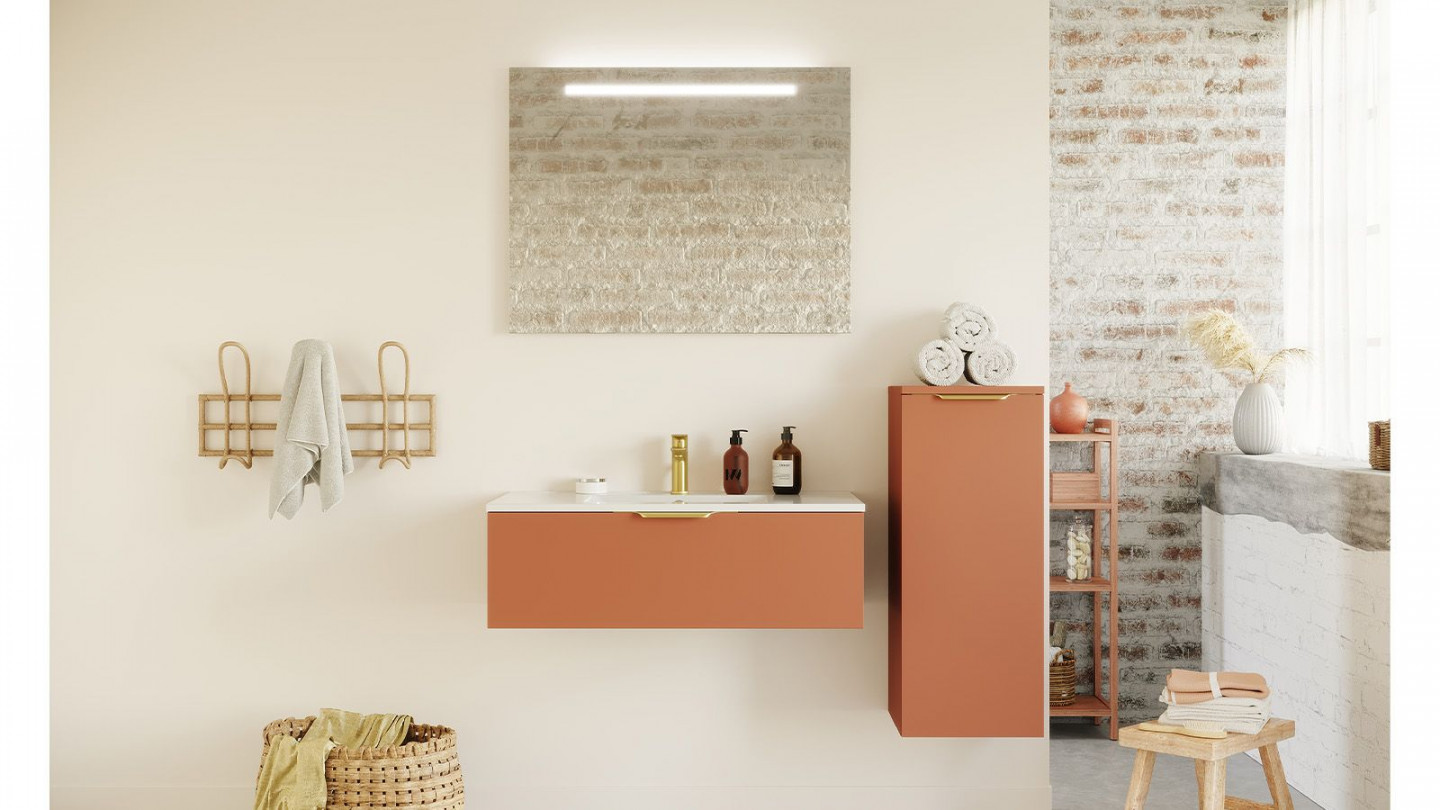 Meuble de salle de bain suspendu vasque intégrée 90cm 1 tiroir Terracotta + miroir + colonne ouverture droite - Swing