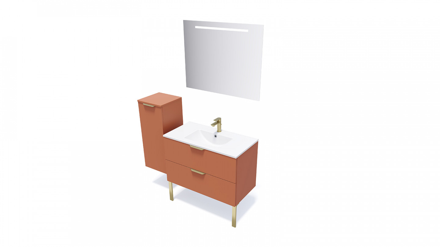 Meuble de salle de bain suspendu vasque intégrée 90cm 2 tiroirs Terracotta + miroir - Swing