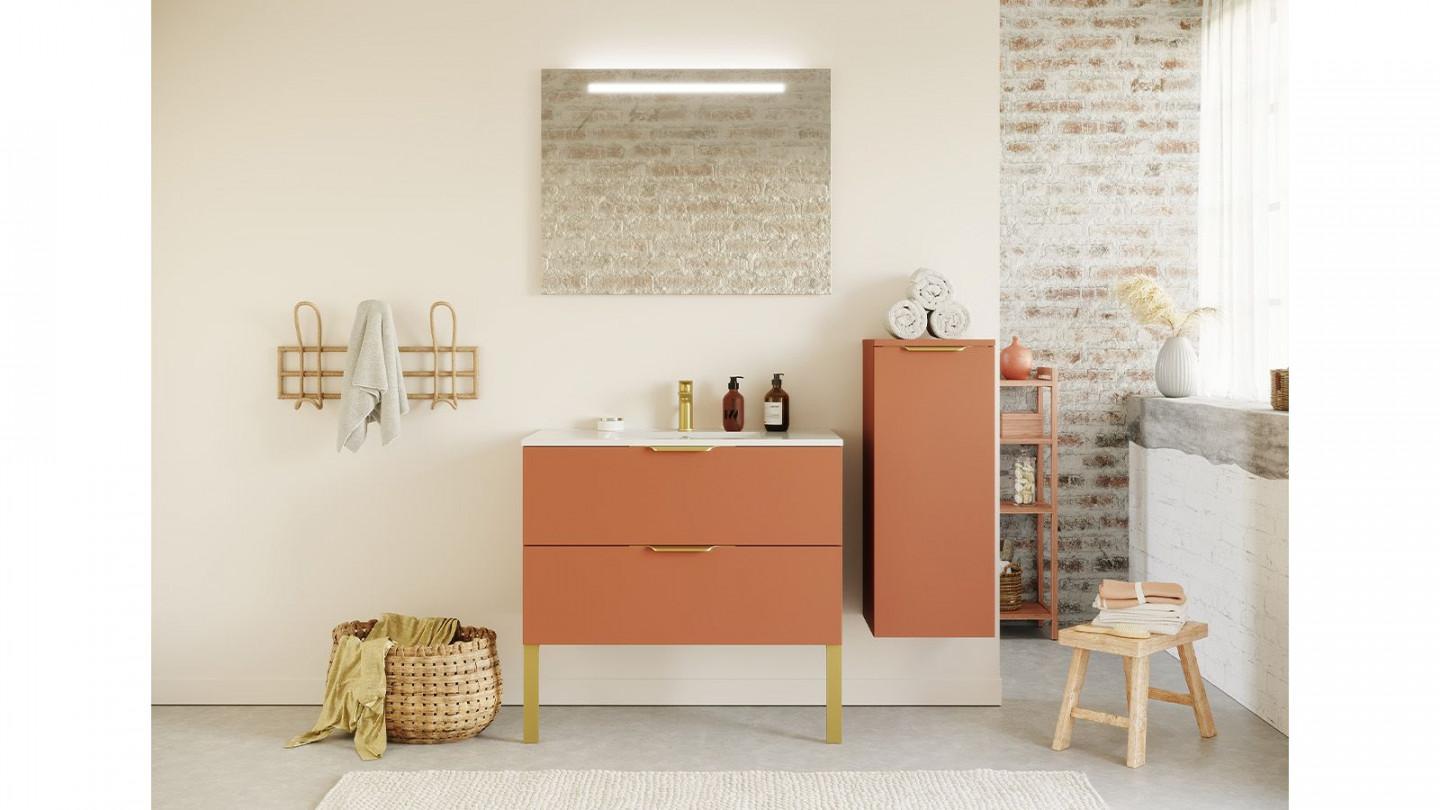 Meuble de salle de bain suspendu vasque intégrée 90cm 2 tiroirs Terracotta + miroir + colonne ouverture droite - Swing