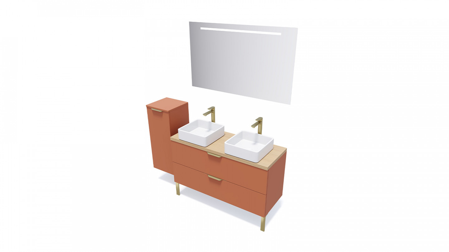 Meuble de salle de bain suspendu 2 vasques à poser 120cm 2 tiroirs Terracotta + miroir - Swing