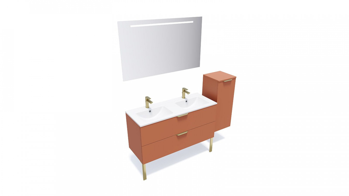 Meuble de salle de bain suspendu double vasque intégrée 120cm 2 tiroirs Terracotta + miroir + colonne ouverture droite - Swing