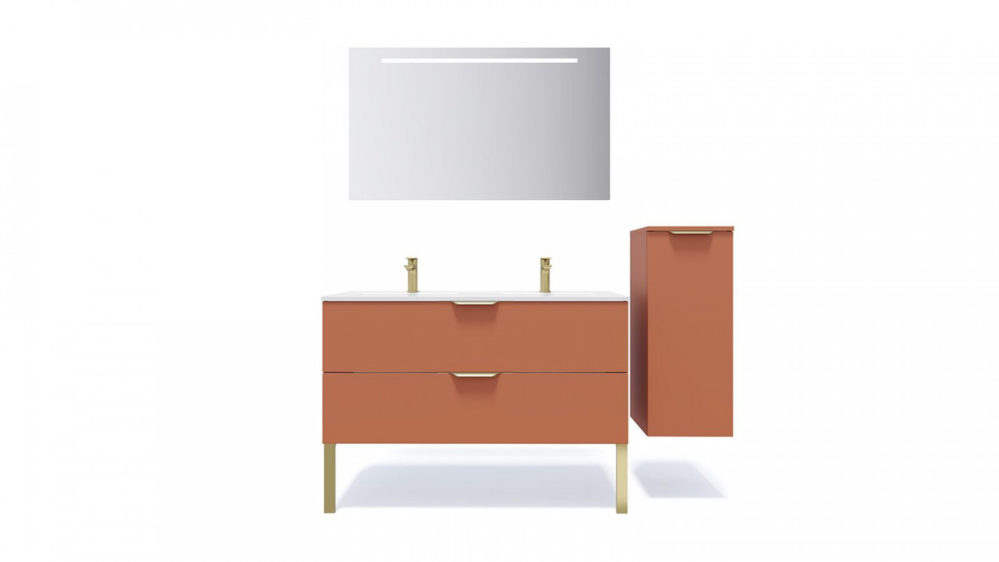 Meuble de salle de bain suspendu double vasque intégrée 120cm 2 tiroirs Terracotta + miroir + colonne ouverture droite - Swing