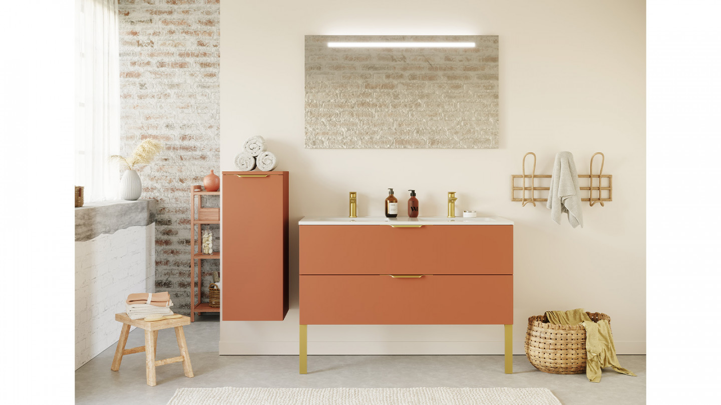 Meuble de salle de bain suspendu double vasque intégrée 120cm 2 tiroirs Terracotta + miroir + colonne ouverture gauche - Swing