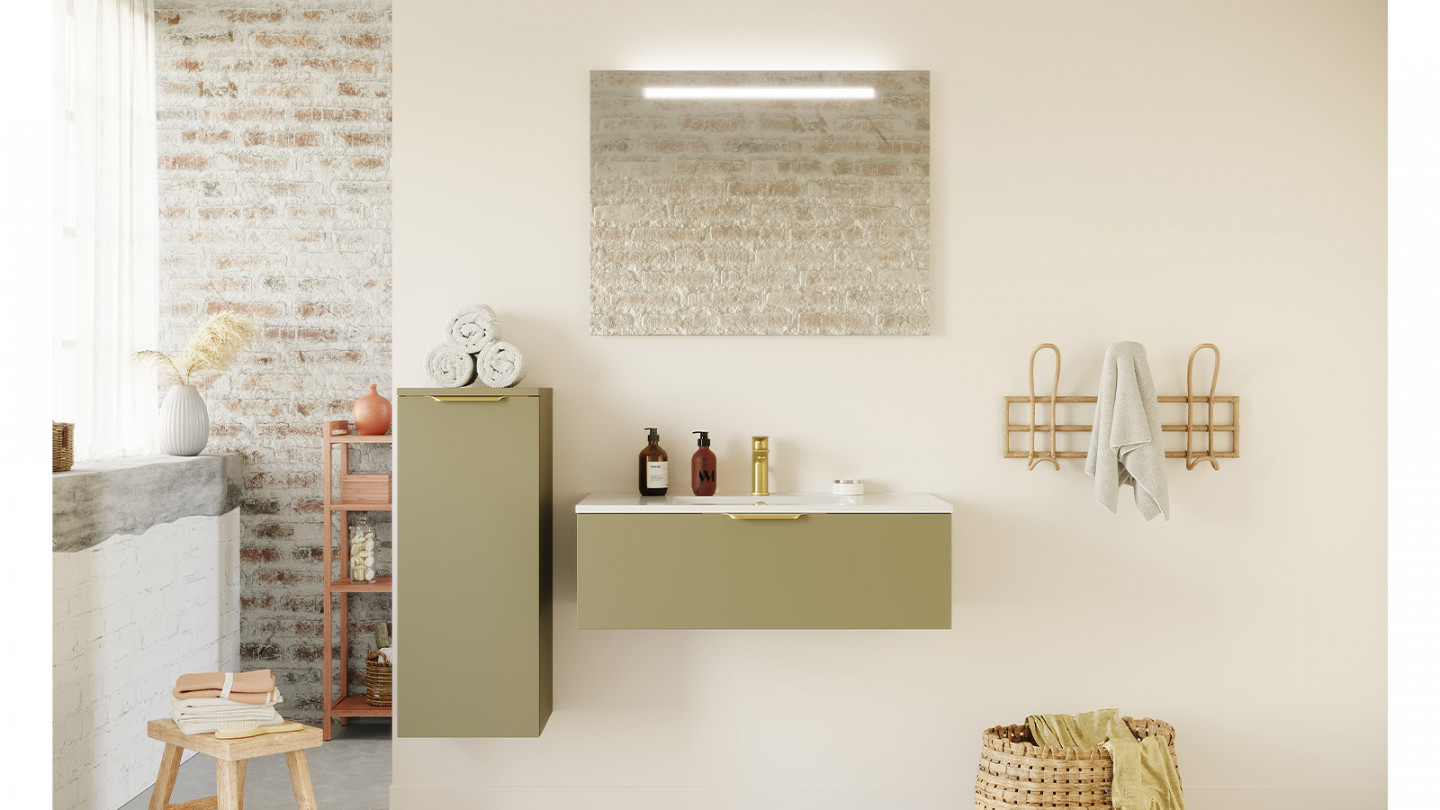 Meuble de salle de bain suspendu vasque intégrée 90cm 1 tiroir Vert olive + miroir - Swing