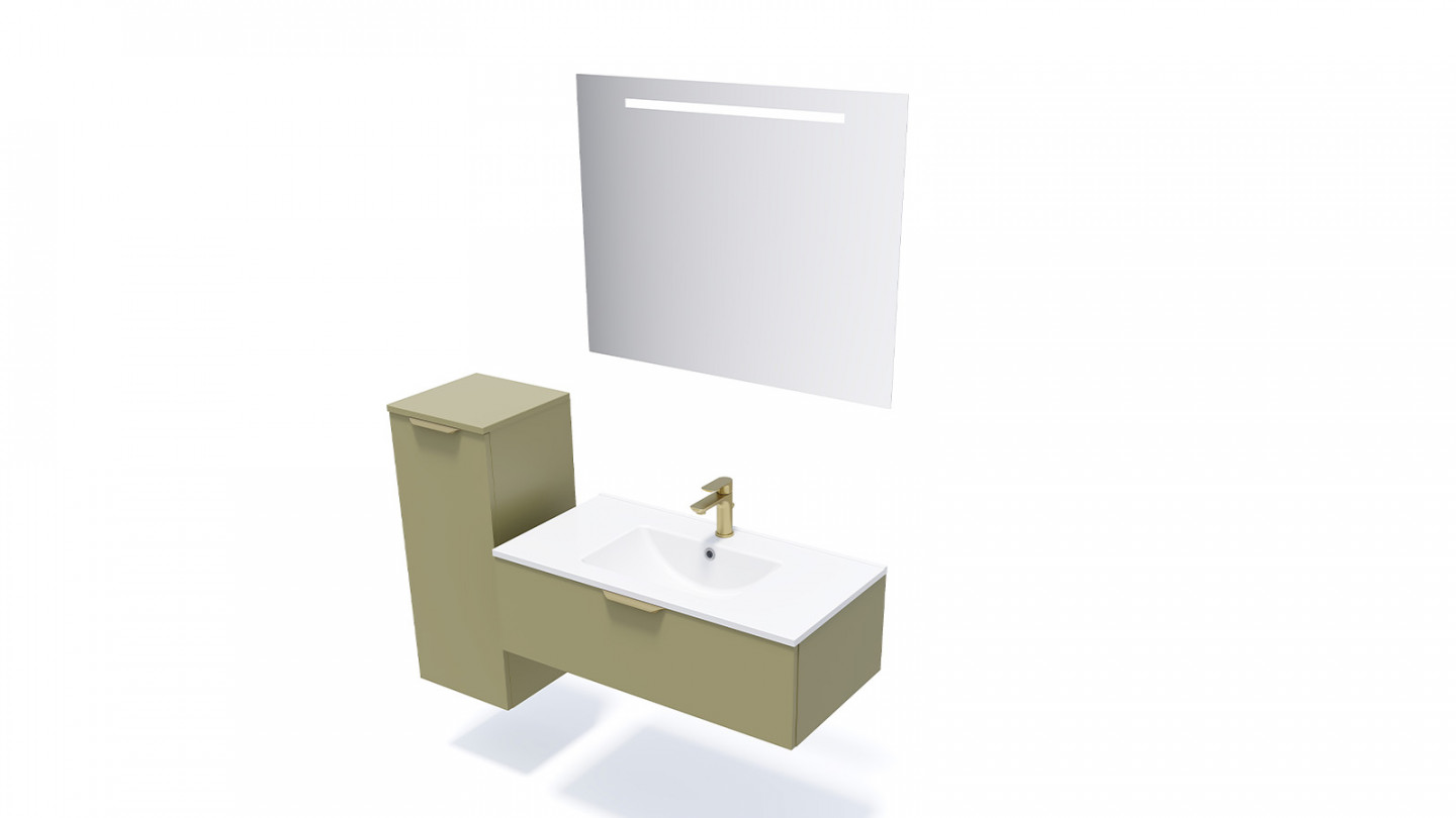 Meuble de salle de bain suspendu vasque intégrée 90cm 1 tiroir Vert olive + miroir + colonne ouverture gauche - Swing