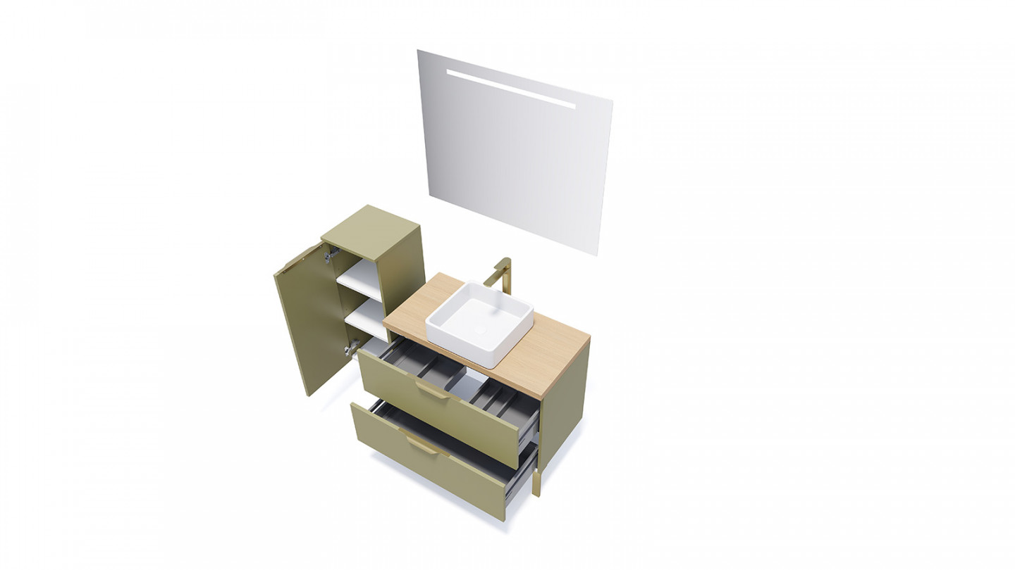 Meuble de salle de bain suspendu vasque à poser 90cm 2 tiroirs Vert olive + miroir + colonne ouverture gauche - Swing