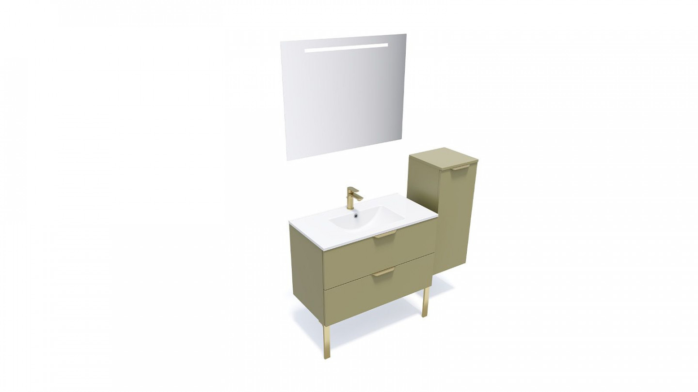 Meuble de salle de bain suspendu vasque intégrée 90cm 2 tiroirs Vert olive + miroir + colonne ouverture droite - Swing