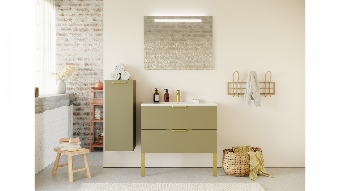 Meuble de salle de bain suspendu vasque intégrée 90cm 2 tiroirs Vert olive + miroir + colonne ouverture gauche - Swing