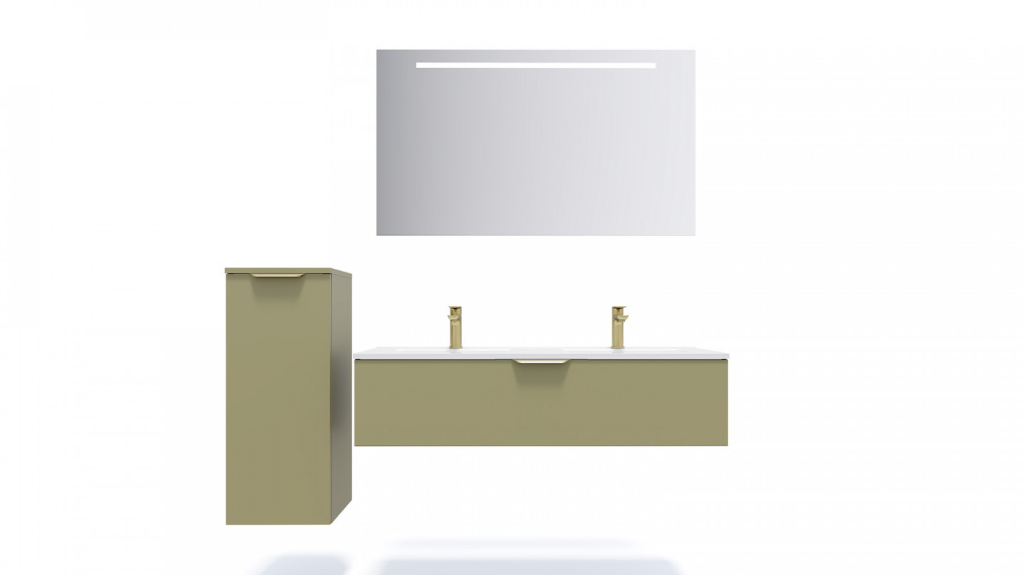 Meuble de salle de bain suspendu double vasque intégrée 120cm 1 tiroir Vert olive + miroir + colonne ouverture gauche - Swing