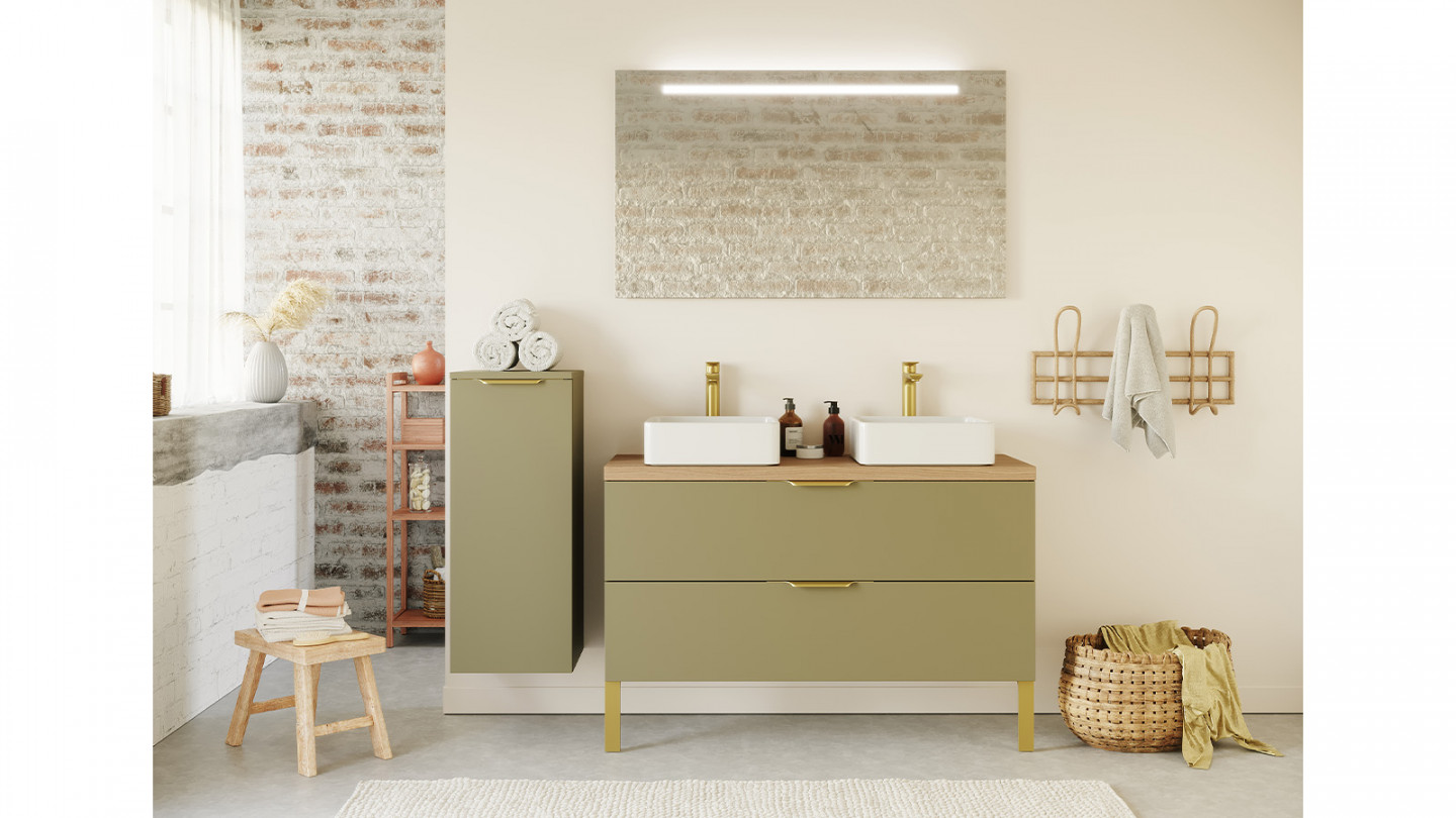 Meuble de salle de bain suspendu 2 vasques à poser 120cm 2 tiroirs Vert olive + miroir - Swing