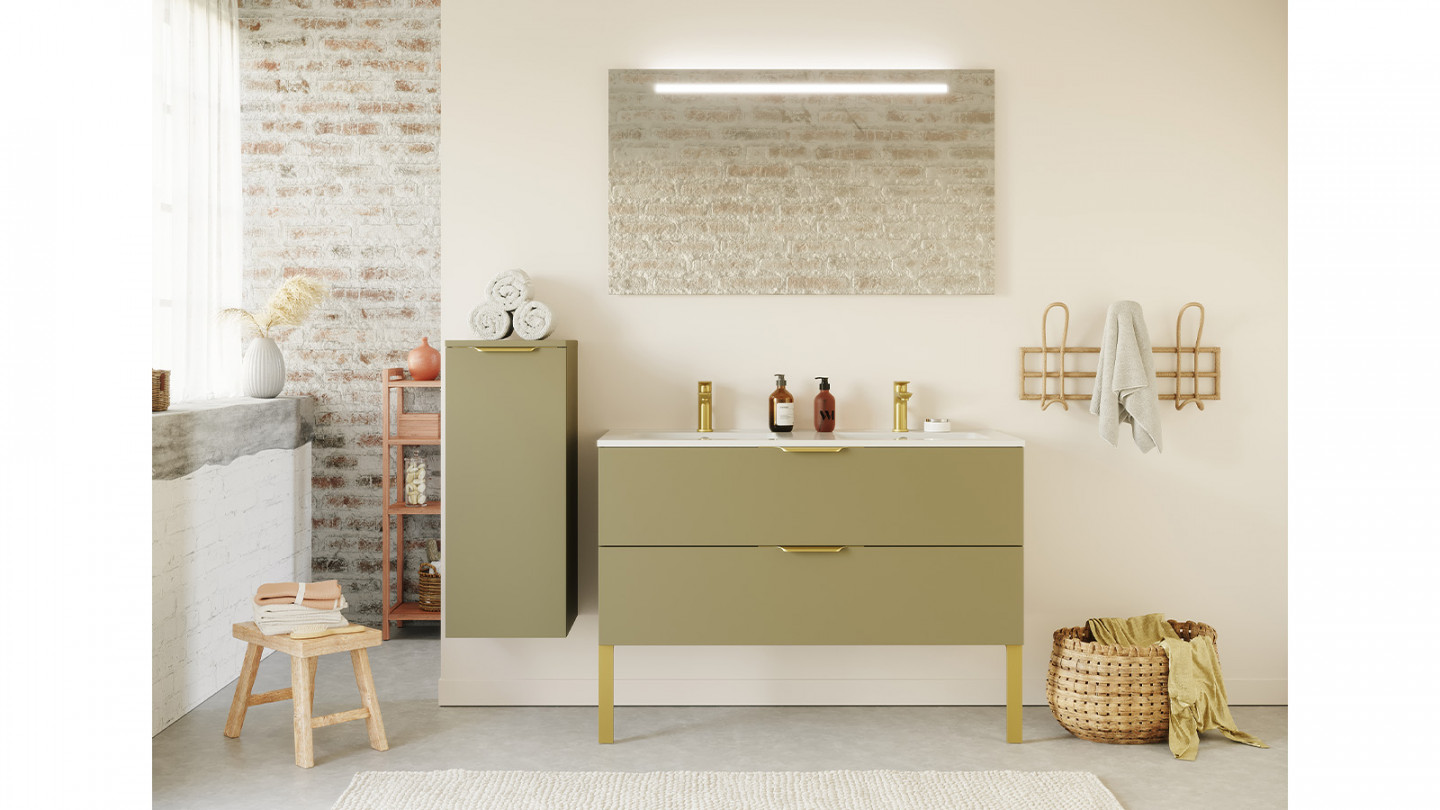 Meuble de salle de bain suspendu double vasque intégrée 120cm 2 tiroirs Vert olive + miroir - Swing