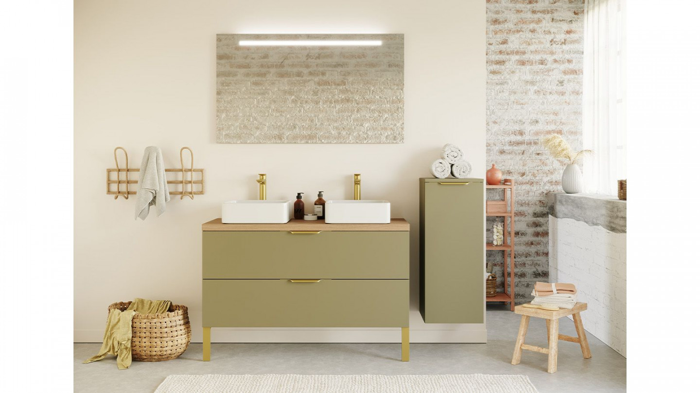 Meuble de salle de bain suspendu 2 vasques à poser 120cm 2 tiroirs Vert olive + miroir + colonne ouverture droite - Swing