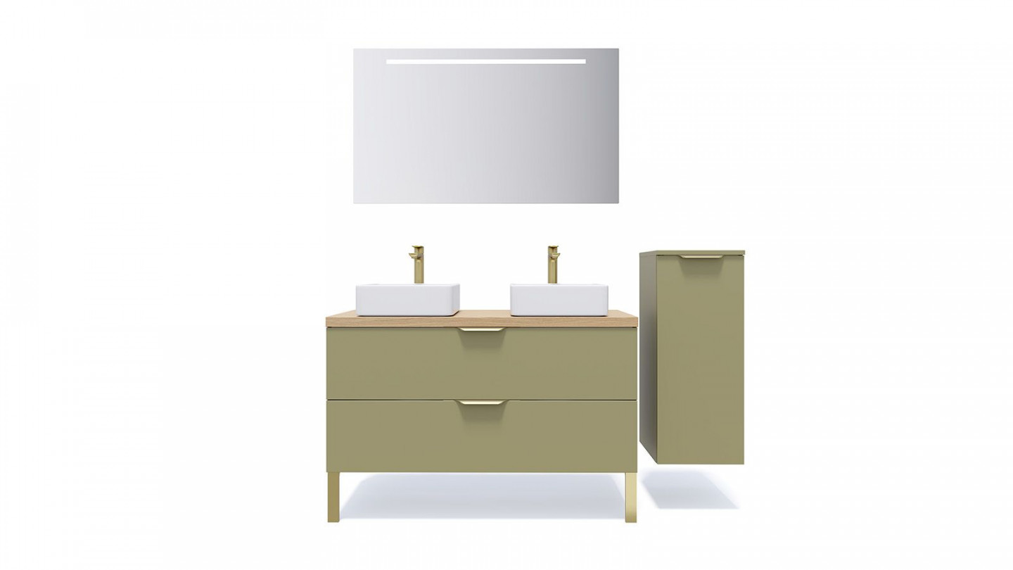 Meuble de salle de bain suspendu 2 vasques à poser 120cm 2 tiroirs Vert olive + miroir + colonne ouverture droite - Swing