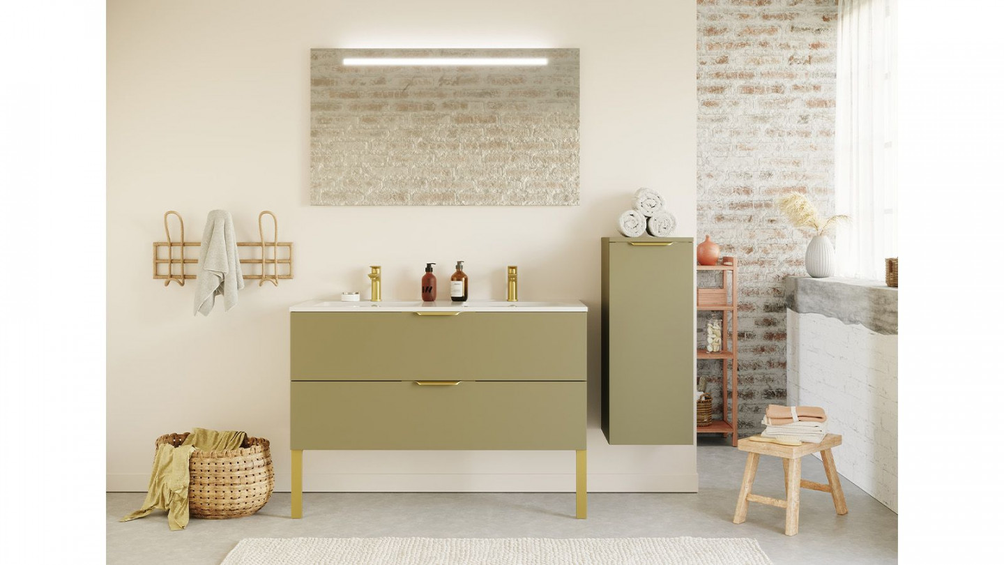 Meuble de salle de bain suspendu double vasque intégrée 120cm 2 tiroirs Vert olive + miroir + colonne ouverture droite - Swing