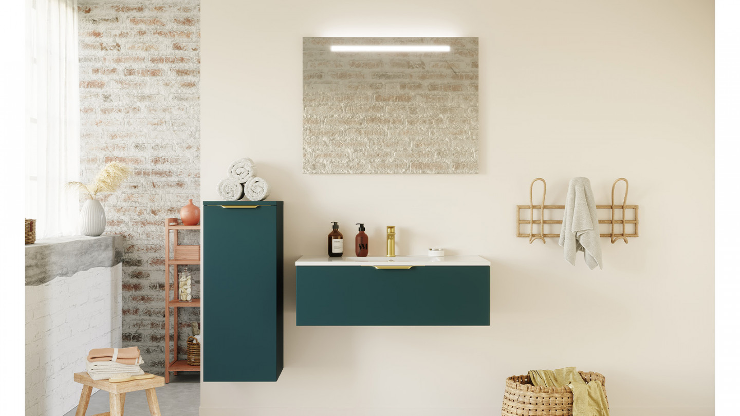Meuble de salle de bain suspendu vasque intégrée 90cm 1 tiroir Bleu + miroir + colonne ouverture gauche - Swing