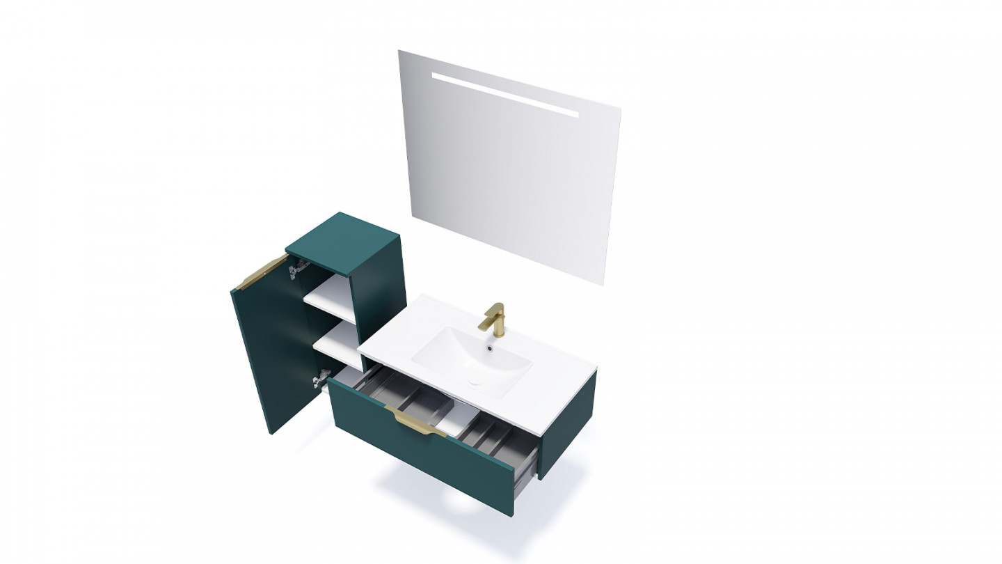 Meuble de salle de bain suspendu vasque intégrée 90cm 1 tiroir Bleu + miroir + colonne ouverture gauche - Swing