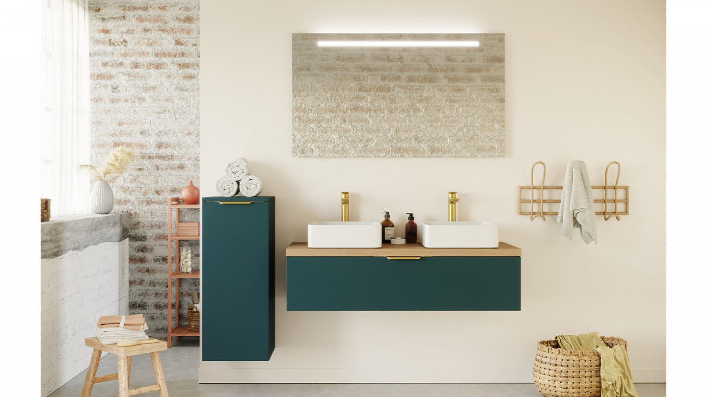 Meuble de salle de bain suspendu 2 vasques à poser 120cm 1 tiroir Bleu + miroir + colonne ouverture gauche - Swing