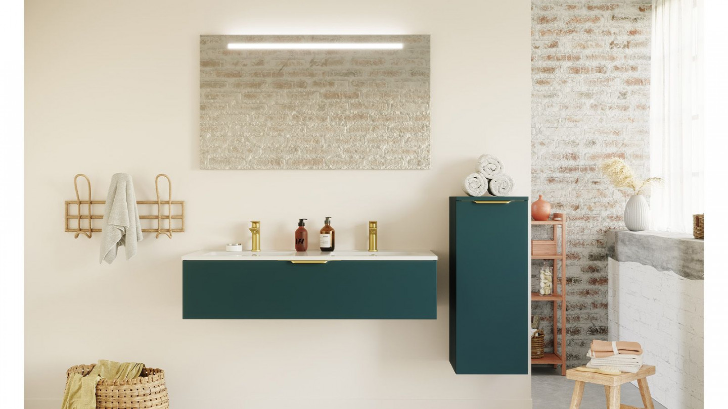 Meuble de salle de bain suspendu double vasque intégrée 120cm 1 tiroir Bleu + miroir + colonne ouverture droite - Swing