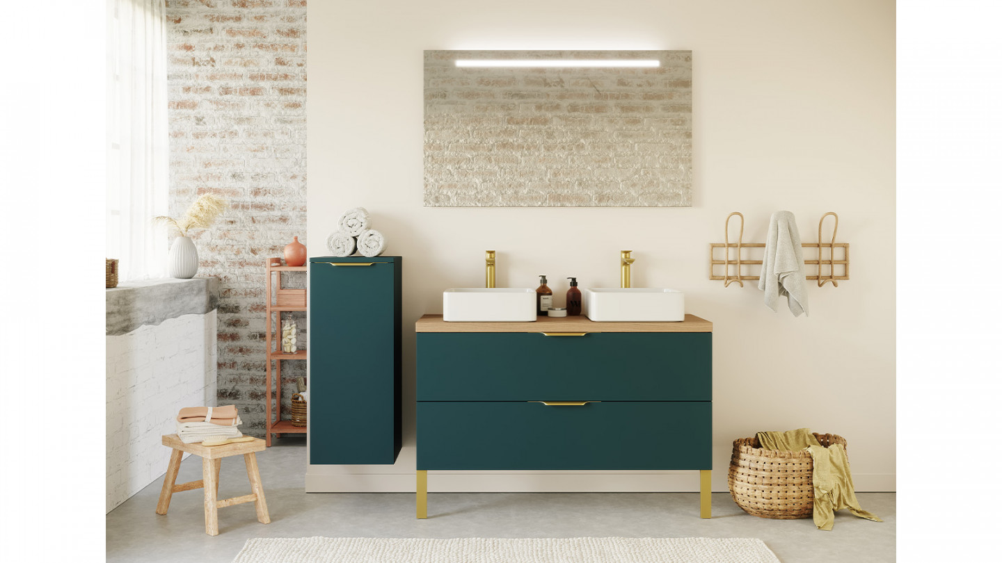 Meuble de salle de bain suspendu 2 vasques à poser 120cm 2 tiroirs Bleu + miroir - Swing
