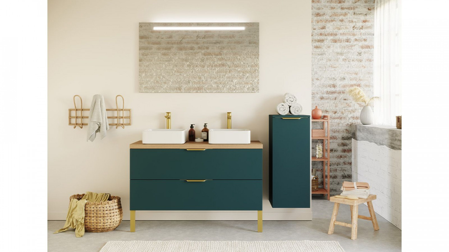 Meuble de salle de bain suspendu 2 vasques à poser 120cm 2 tiroirs Bleu + miroir + colonne ouverture droite - Swing