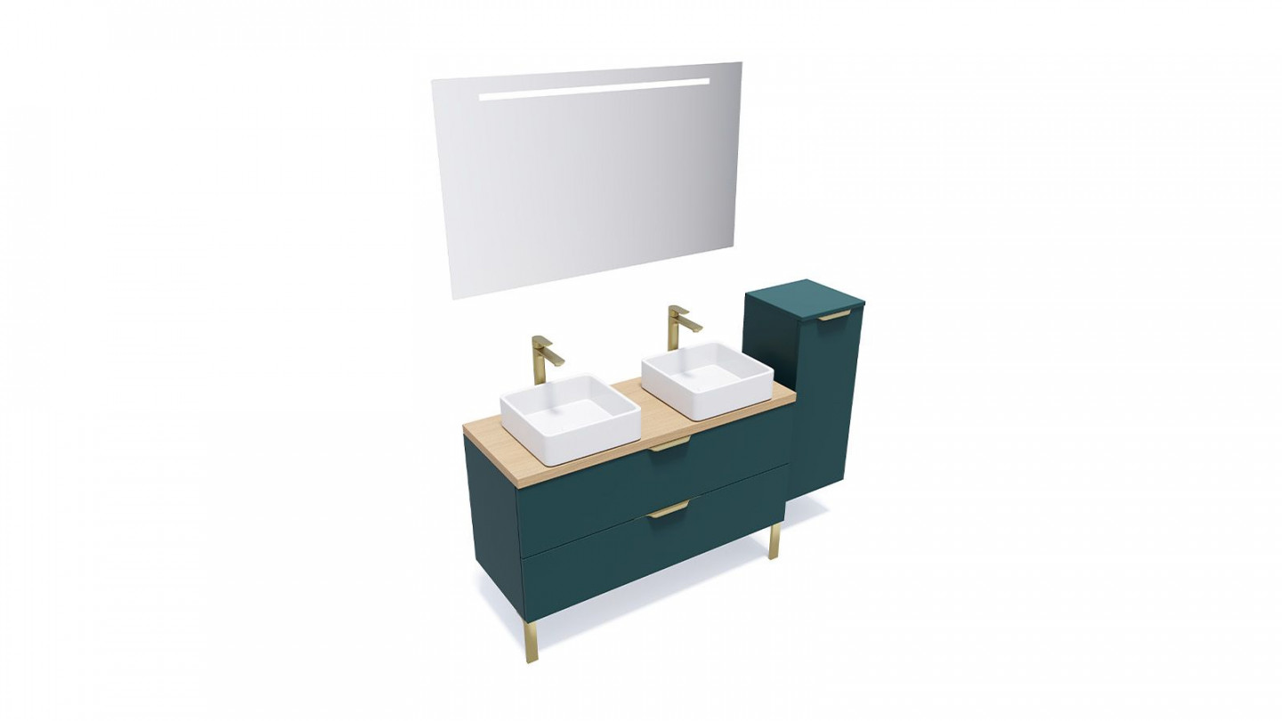 Meuble de salle de bain suspendu 2 vasques à poser 120cm 2 tiroirs Bleu + miroir + colonne ouverture droite - Swing