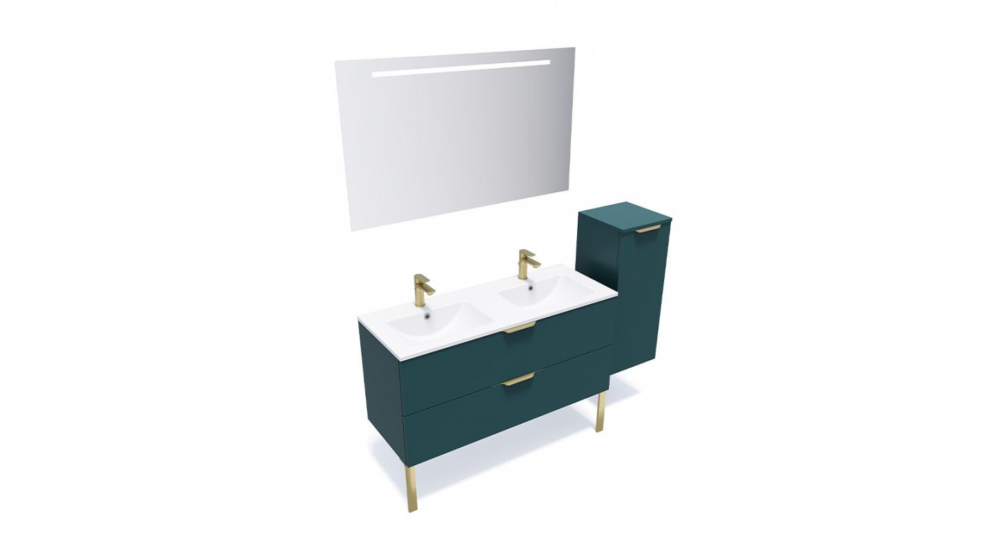 Meuble de salle de bain suspendu double vasque intégrée 120cm 2 tiroirs Bleu + miroir + colonne ouverture droite - Swing