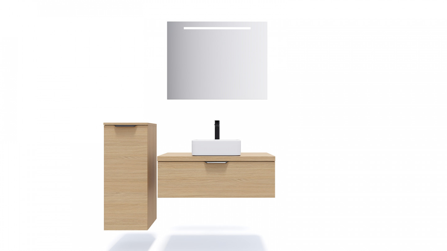 Meuble de salle de bain suspendu vasque à poser 90cm 1 tiroir Chêne clair + miroir + colonne ouverture gauche - Swing