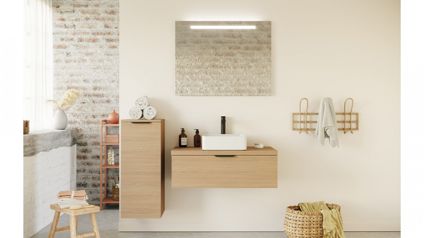 Meuble de salle de bain suspendu vasque à poser 90cm 1 tiroir Chêne clair + miroir + colonne ouverture gauche - Swing