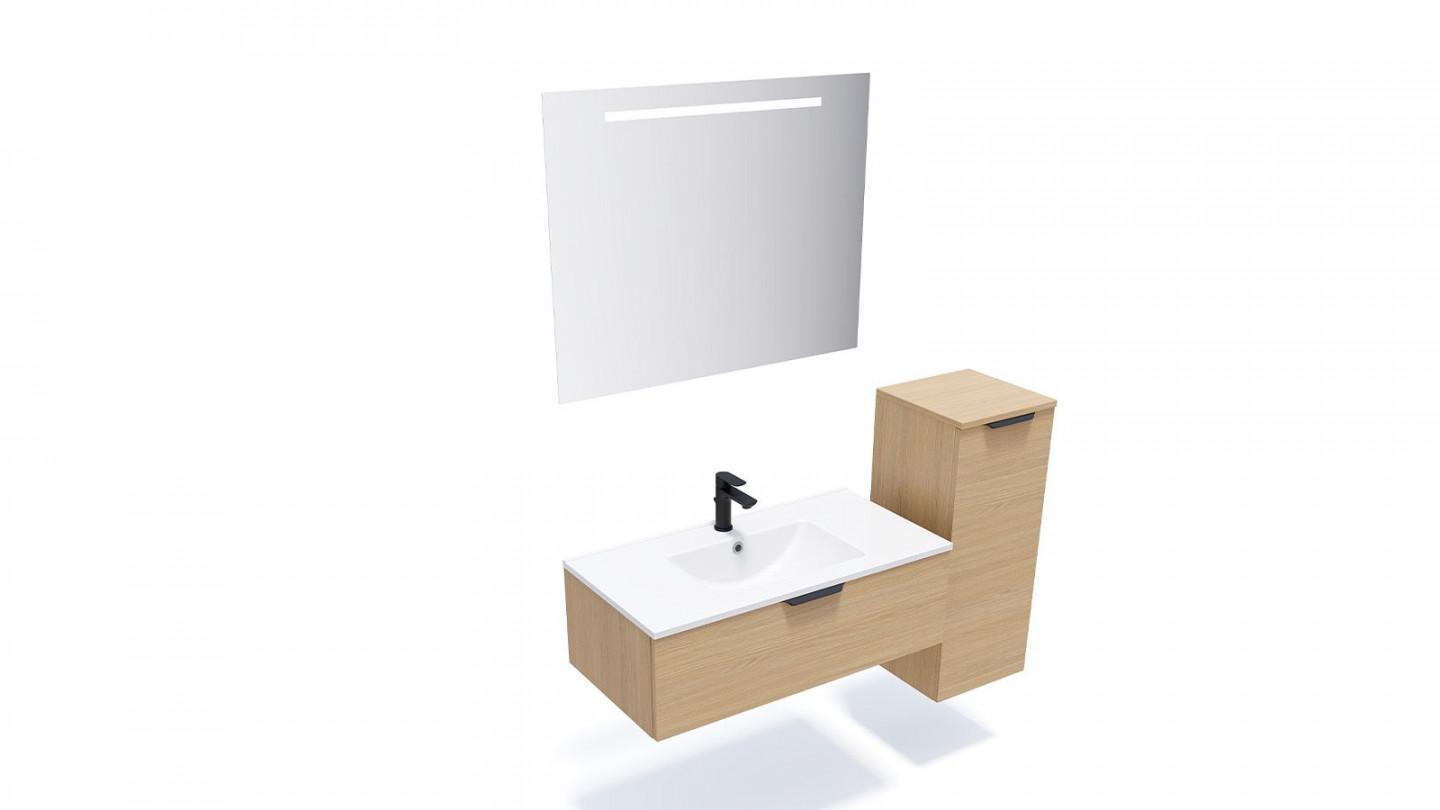 Meuble de salle de bain suspendu vasque intégrée 90cm 1 tiroir Chêne clair + miroir + colonne ouverture droite - Swing