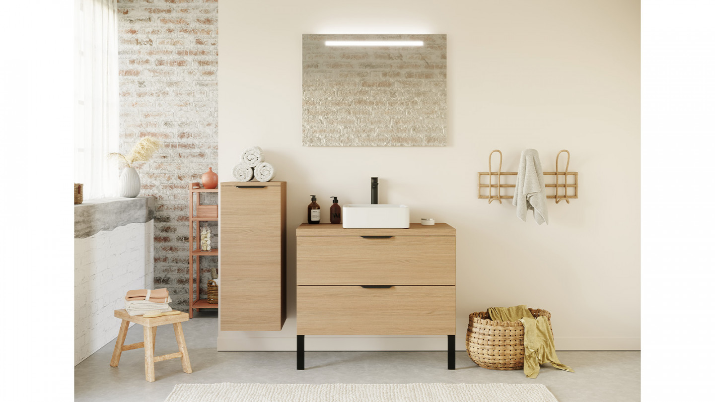 Meuble de salle de bain suspendu vasque à poser 90cm 2 tiroirs Chêne clair + miroir - Swing